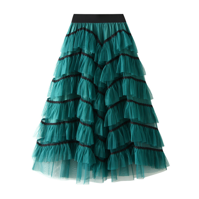 Tiered Net Skirt with Contrast Edge in Deep Teal