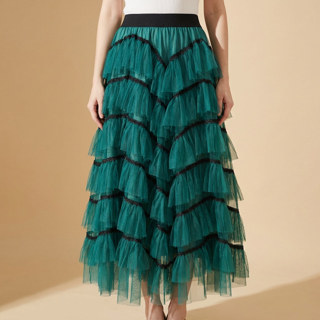 Tiered Net Skirt with Contrast Edge in Deep Teal