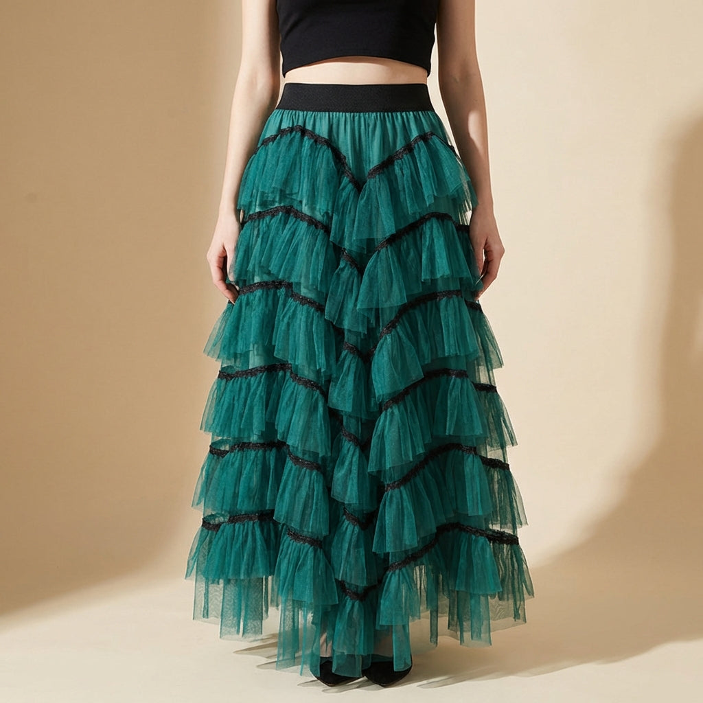 Tiered Net Skirt with Contrast Edge in Deep Teal