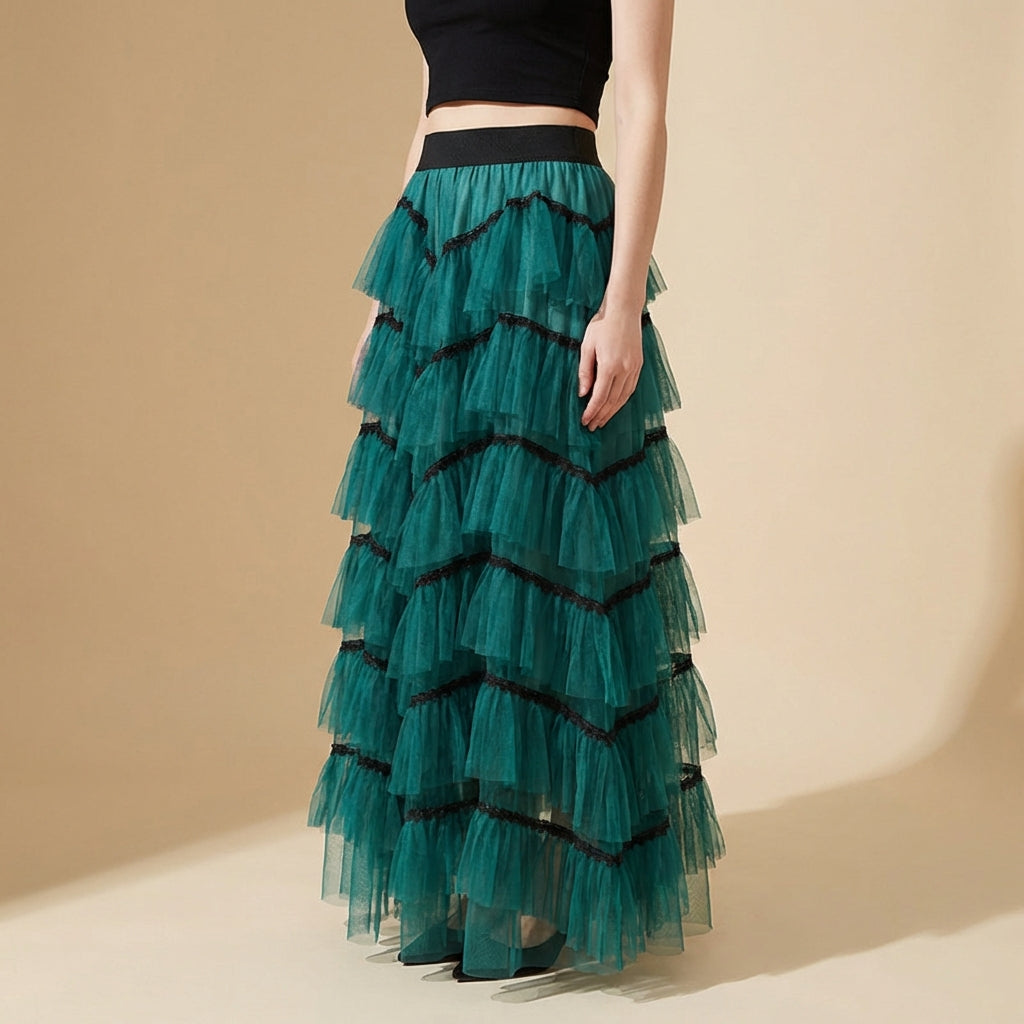 Tiered Net Skirt with Contrast Edge in Deep Teal
