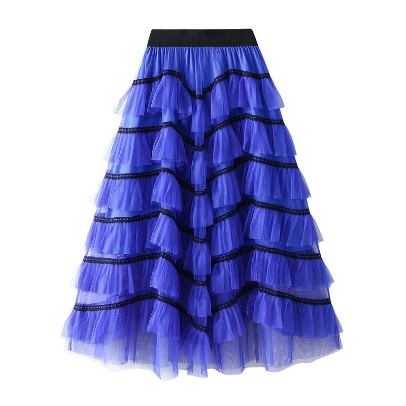 Tiered Net Skirt with Contrast Edge in Sapphire Blue