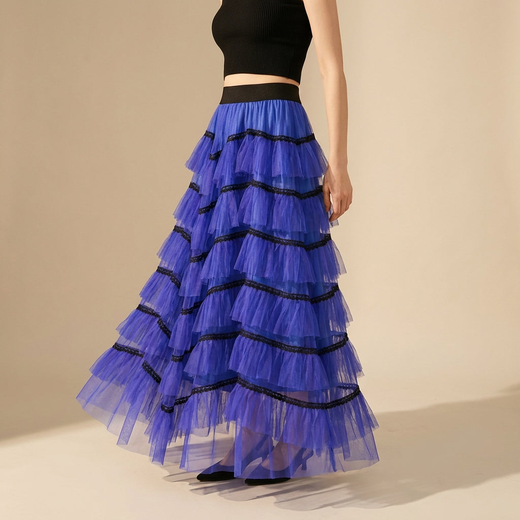 Tiered Net Skirt with Contrast Edge in Sapphire Blue