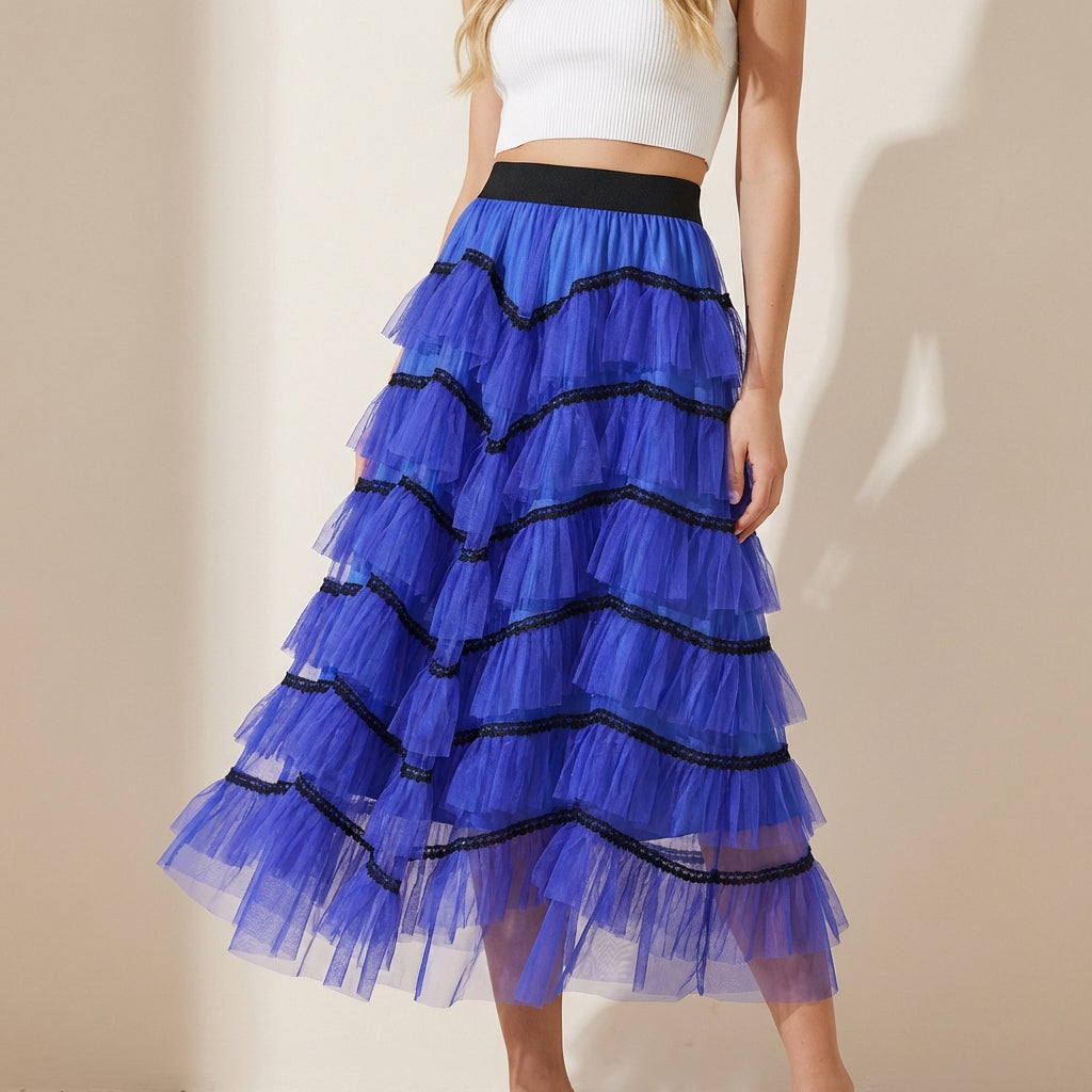 Tiered Net Skirt with Contrast Edge in Sapphire Blue