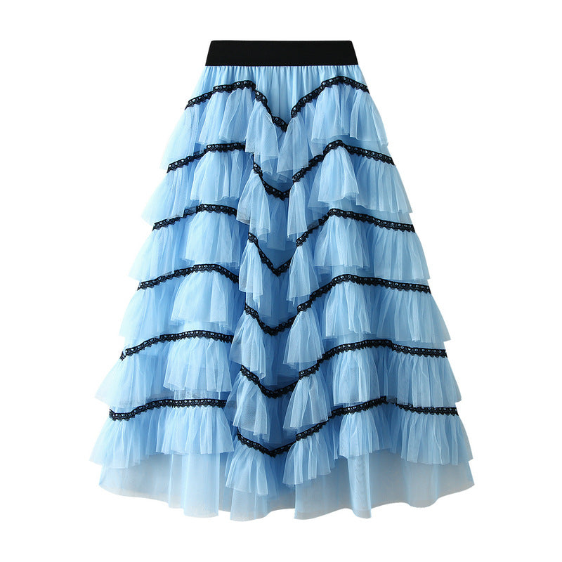 Tiered Net Skirt with Contrast Edge in Powder Blue