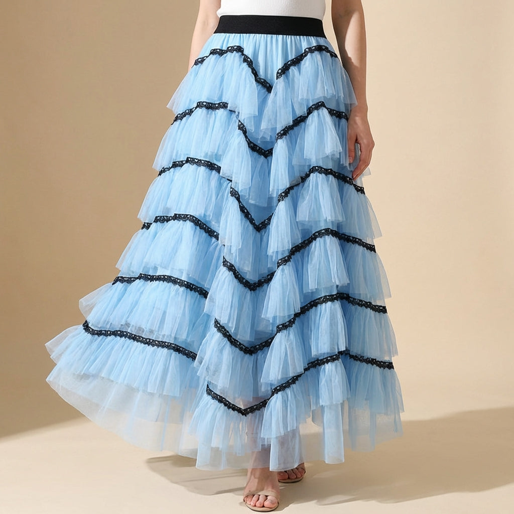 Tiered Net Skirt with Contrast Edge in Powder Blue