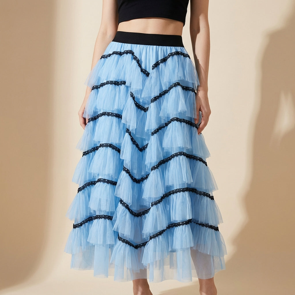 Tiered Net Skirt with Contrast Edge in Powder Blue