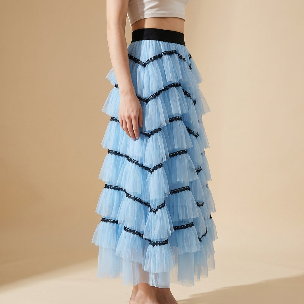 Tiered Net Skirt with Contrast Edge in Powder Blue