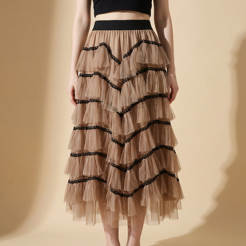 Tiered Net Skirt with Contrast Edge in Khaki