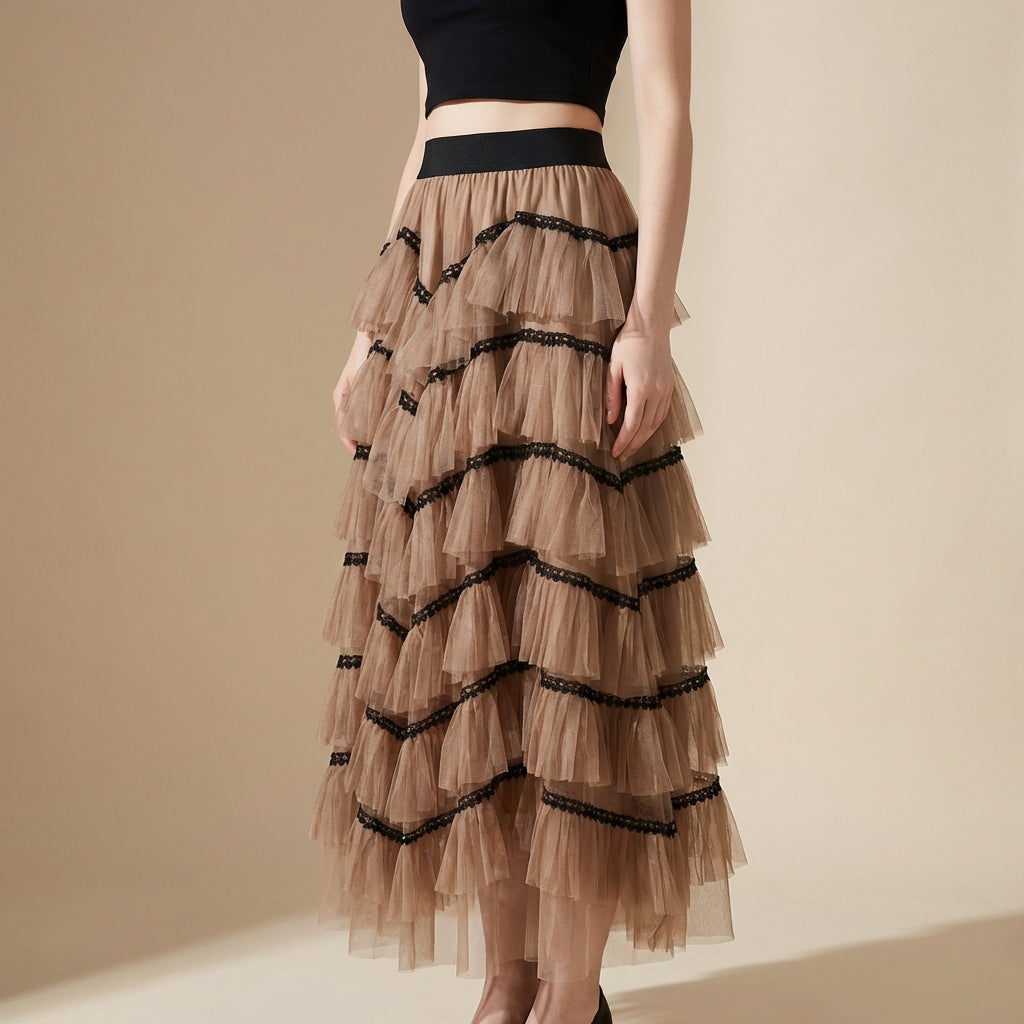 Tiered Net Skirt with Contrast Edge in Khaki