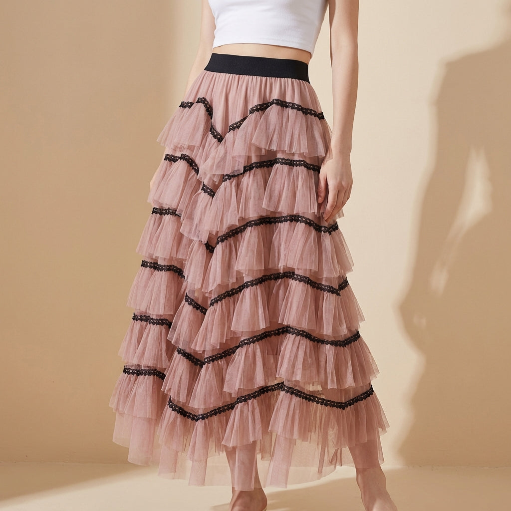 Tiered Net Skirt with Contrast Edge in Dusty Rose
