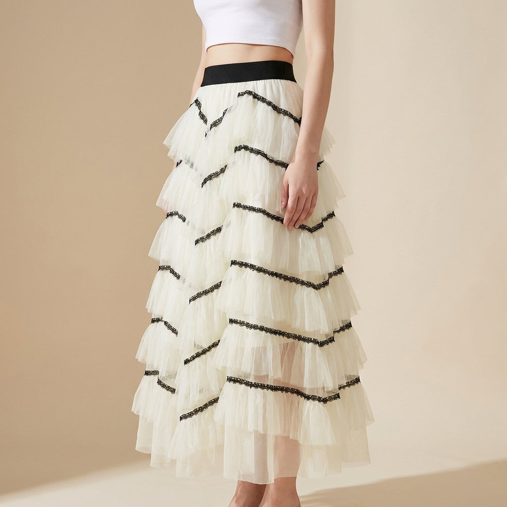 Tiered Net Skirt with Contrast Edge in Apricot