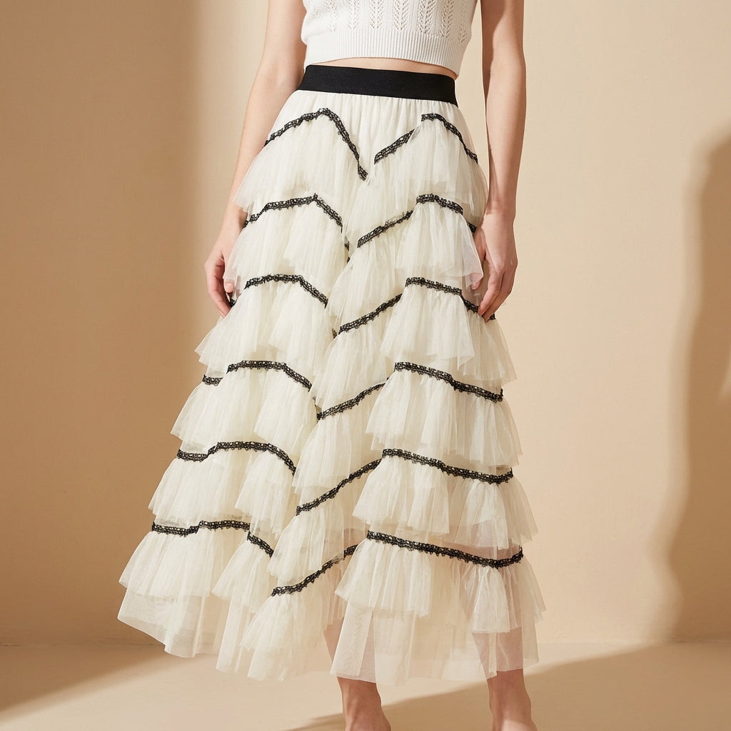 Tiered Net Skirt with Contrast Edge in Apricot