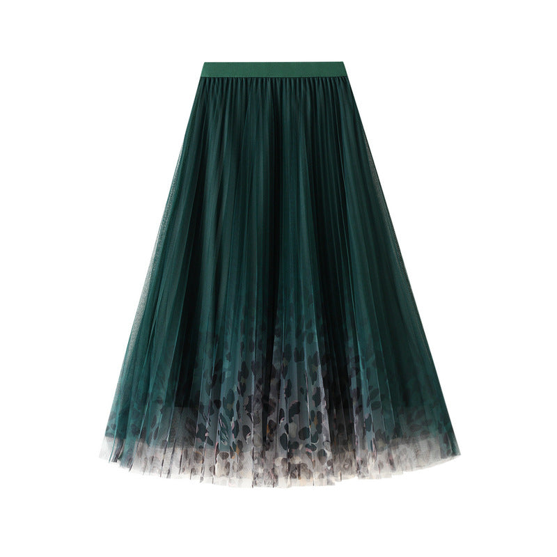 Gradient Printed Double Layer Tulle Skirt in Green