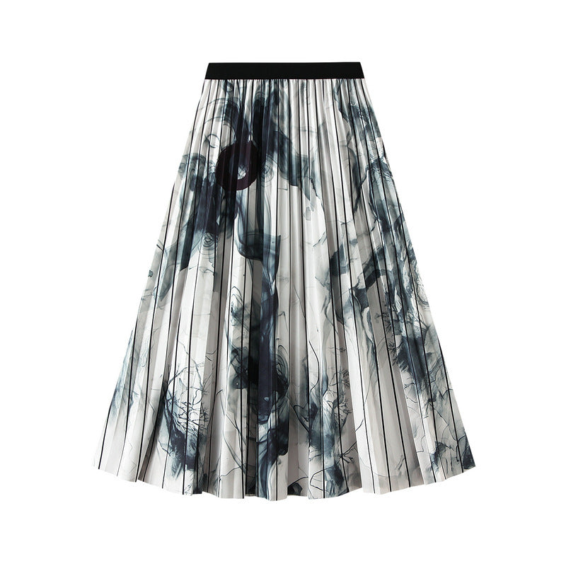 Ink-Painted Print Chiffon Satin Skirt