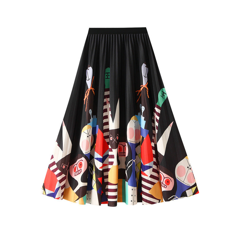 Printed Cartoon Satin Chiffon Skirt