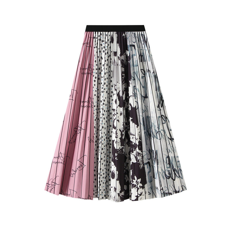 Graffiti Print Pleated Satin Chiffon Skirt
