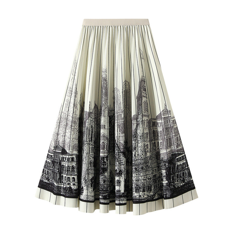 Architecture Print Pleated Satin Chiffon Skirt