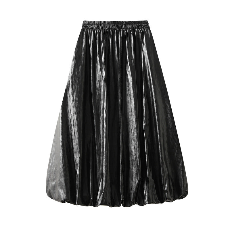 Japanese Bubble Hem PU Leather Skirt with Pocket in Black