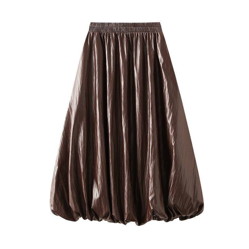 Japanese Bubble Hem PU Leather Skirt with Pocket in Coffee