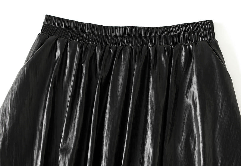 Japanese Bubble Hem PU Leather Skirt with Pocket in Black