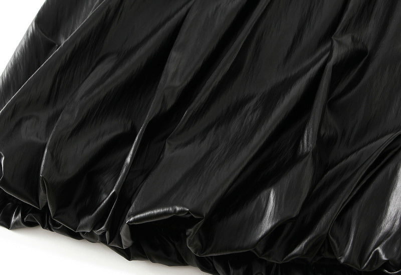 Japanese Bubble Hem PU Leather Skirt with Pocket in Black