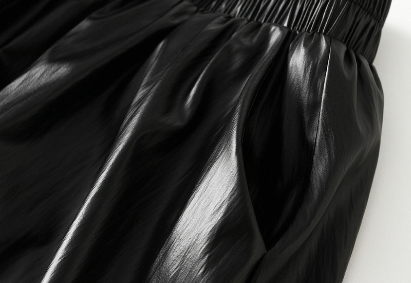 Japanese Bubble Hem PU Leather Skirt with Pocket in Black