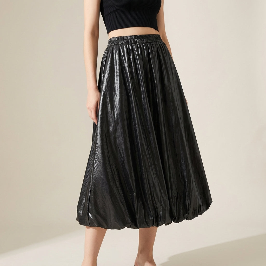 Japanese Bubble Hem PU Leather Skirt with Pocket in Black