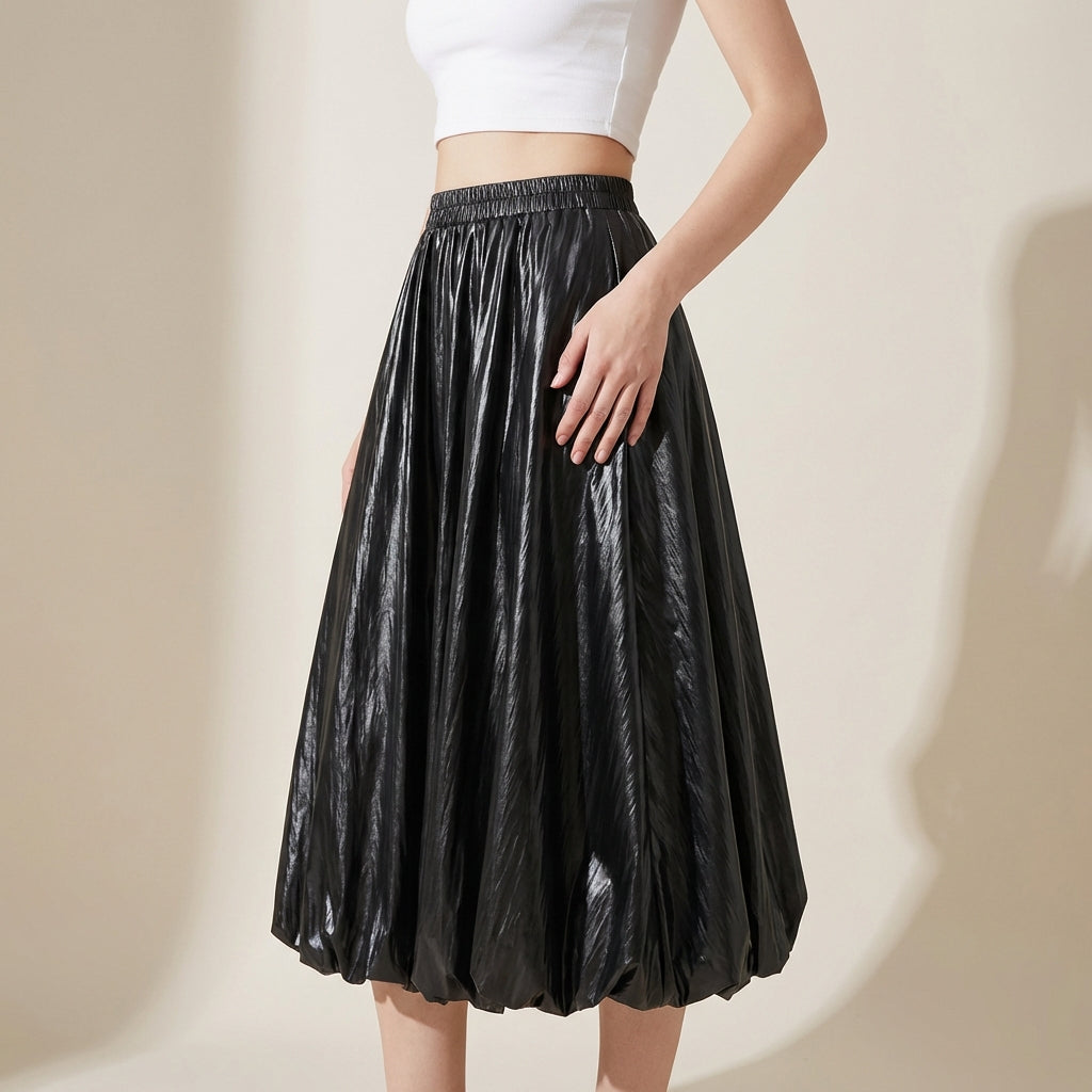 Japanese Bubble Hem PU Leather Skirt with Pocket in Black