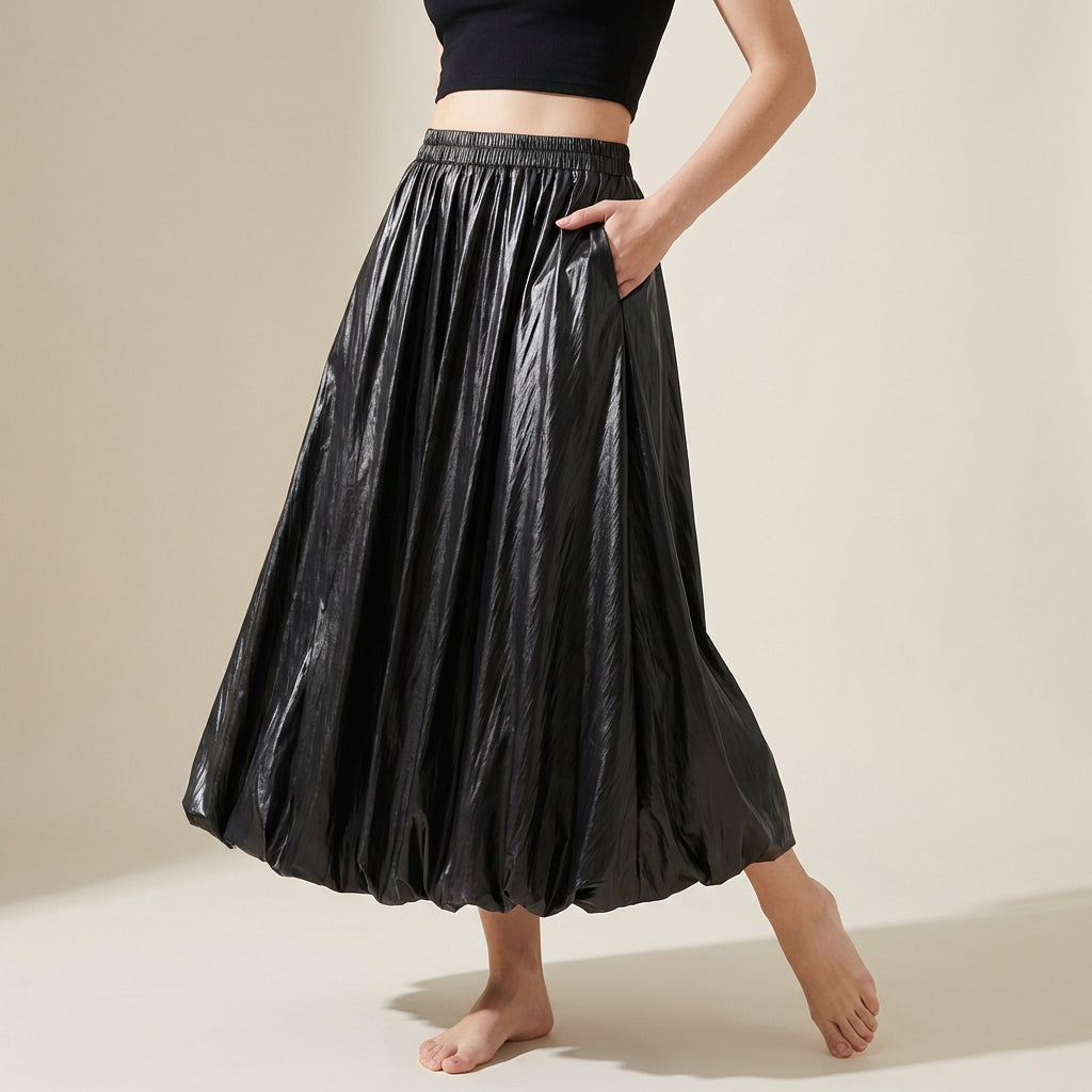 Japanese Bubble Hem PU Leather Skirt with Pocket in Black