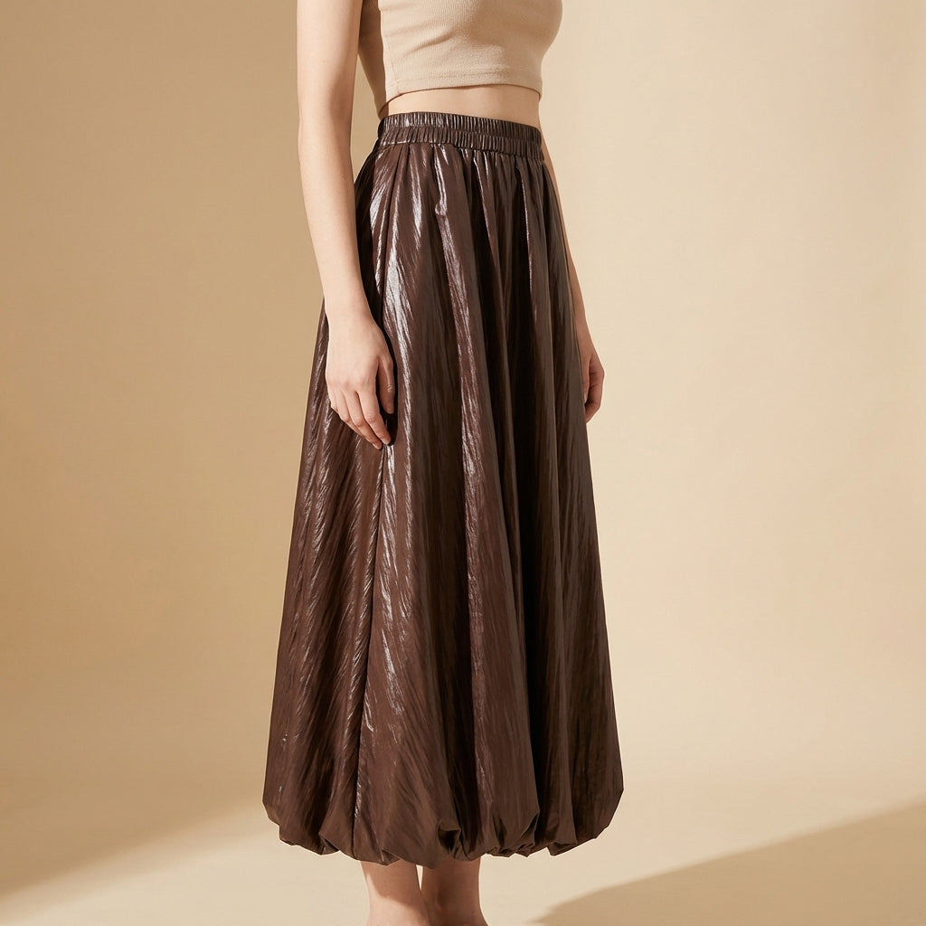 Japanese Bubble Hem PU Leather Skirt with Pocket in Coffee