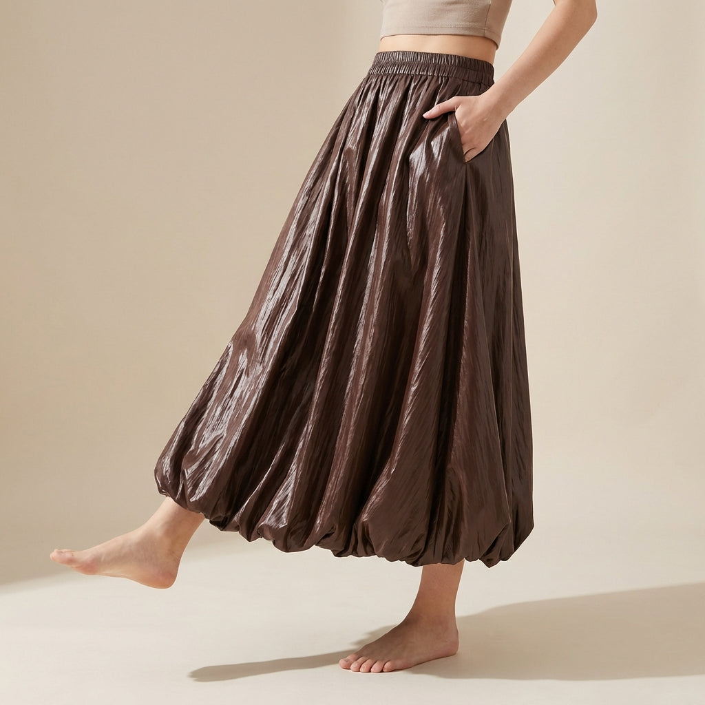 Japanese Bubble Hem PU Leather Skirt with Pocket in Coffee