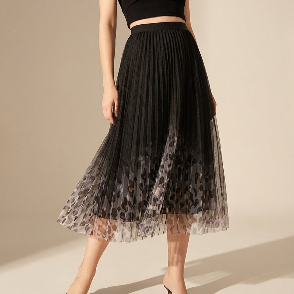 Gradient Printed Double Layer Tulle Skirt in Black