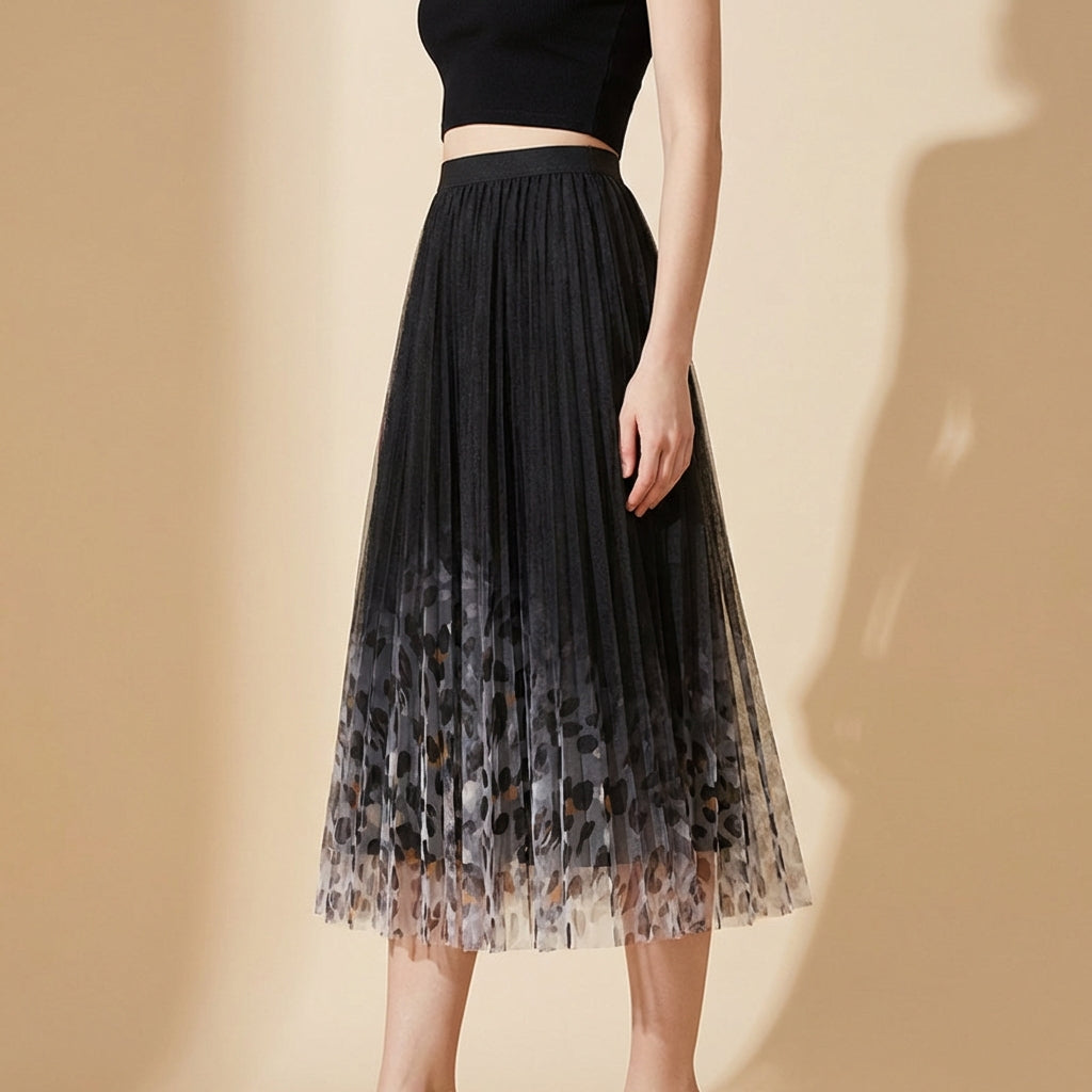 Gradient Printed Double Layer Tulle Skirt in Black