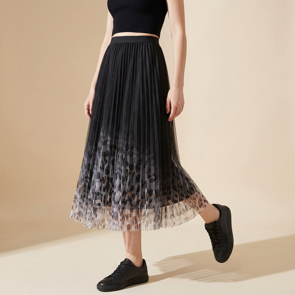 Gradient Printed Double Layer Tulle Skirt in Black