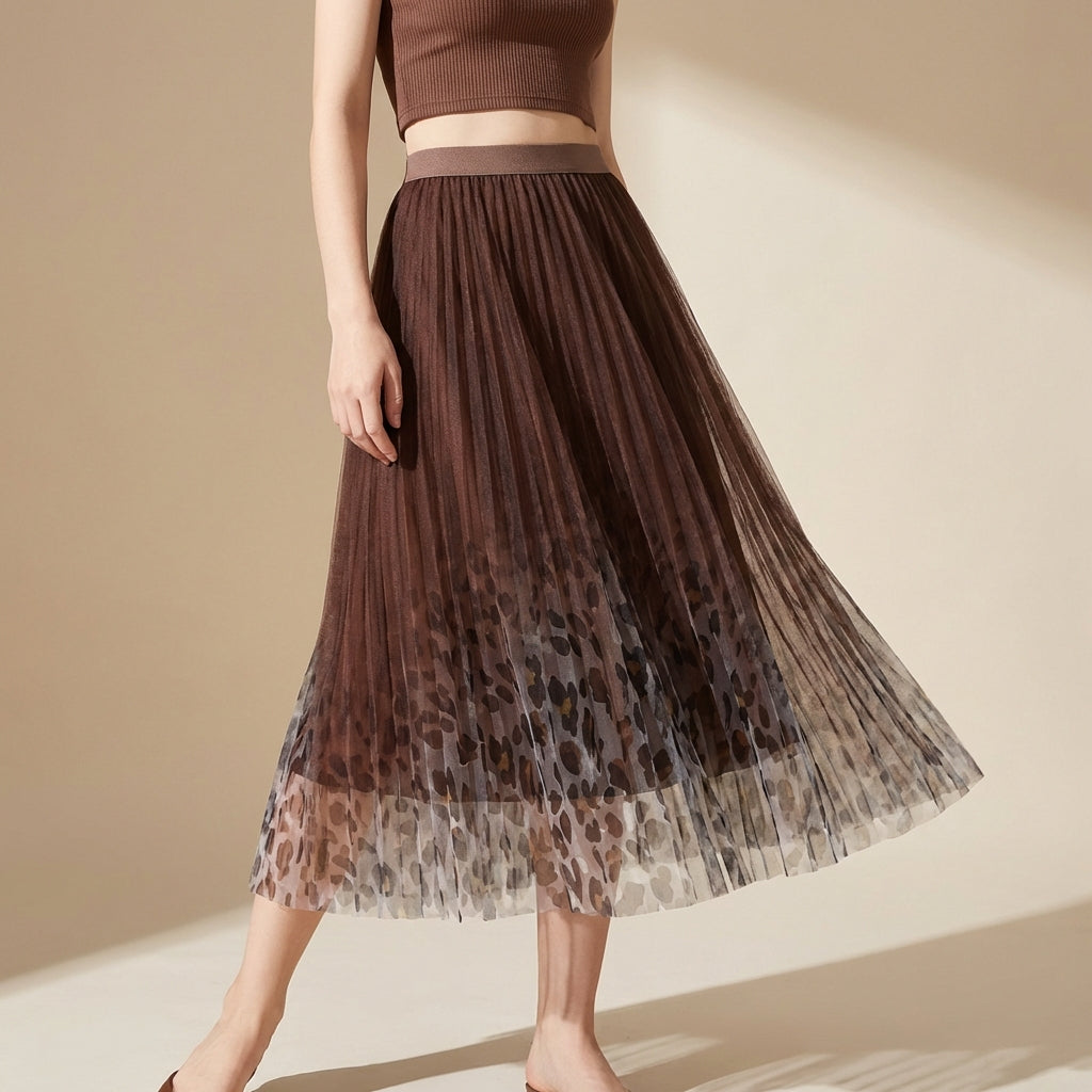 Gradient Printed Double Layer Tulle Skirt in Brown