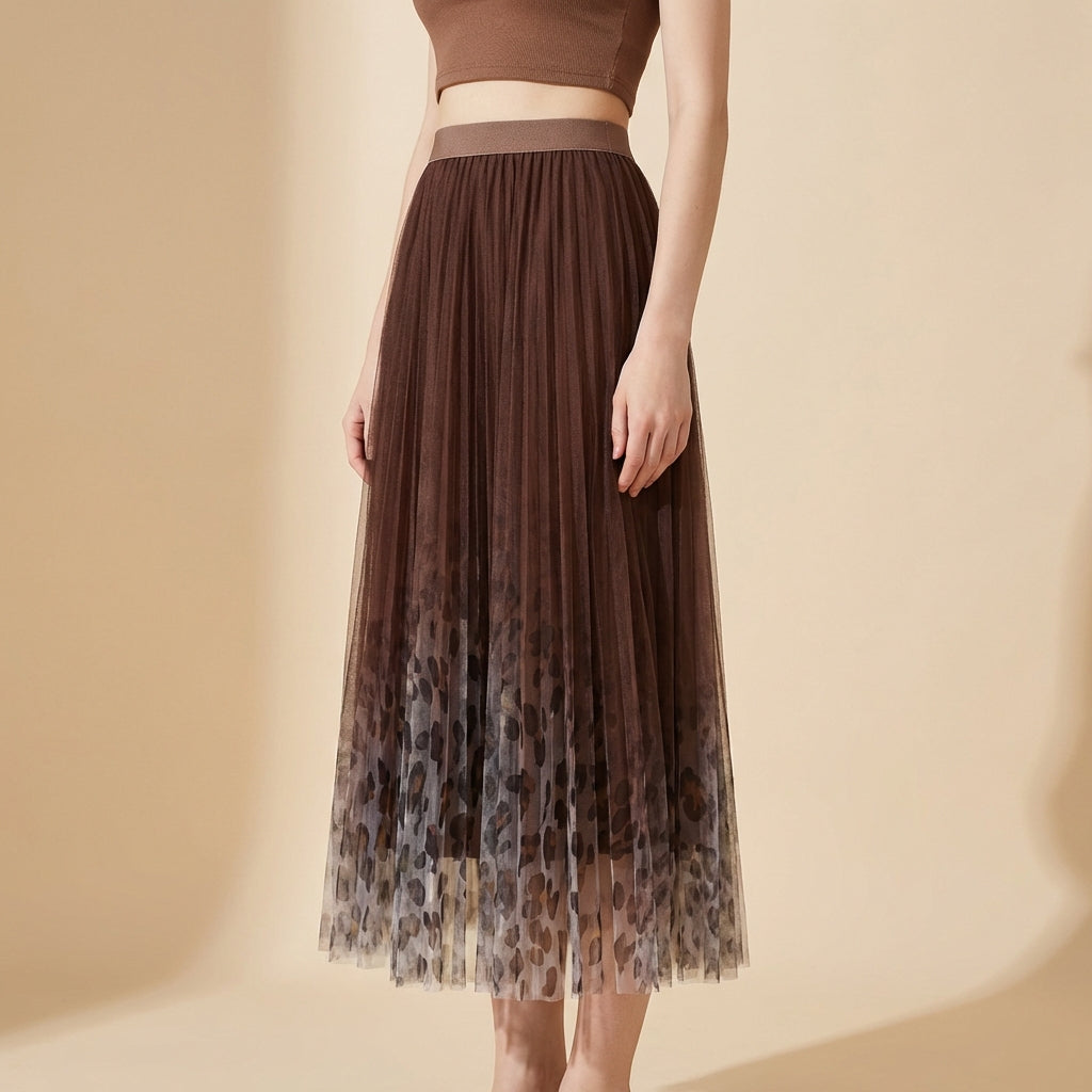 Gradient Printed Double Layer Tulle Skirt in Brown