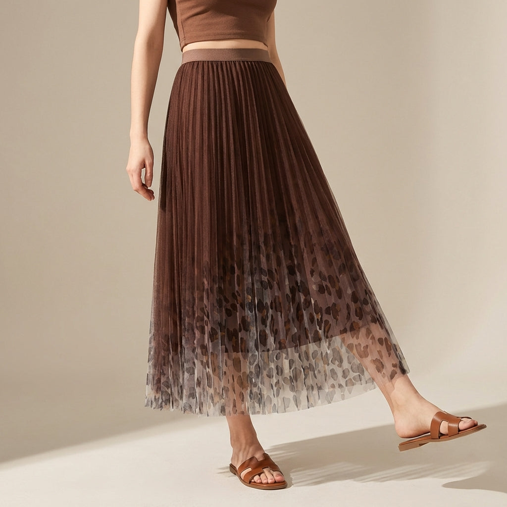 Gradient Printed Double Layer Tulle Skirt in Brown