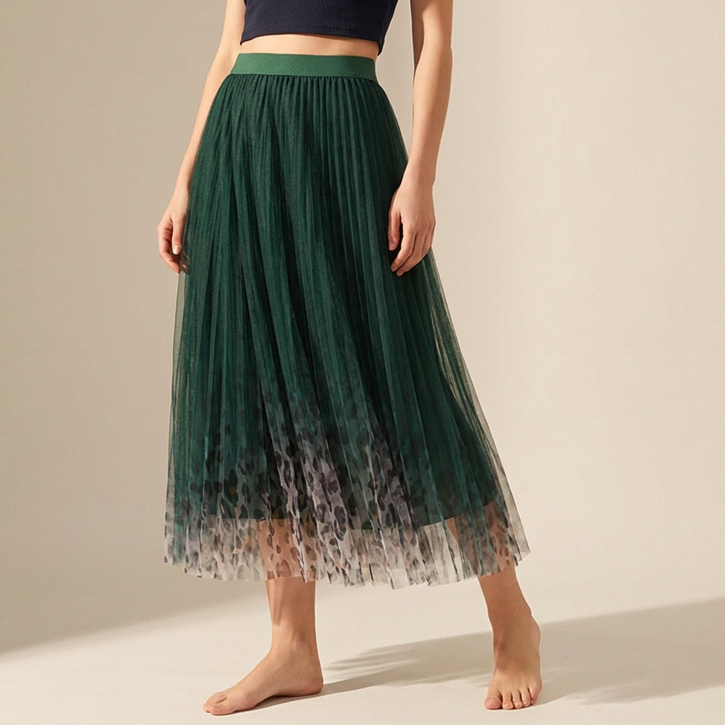Gradient Printed Double Layer Tulle Skirt in Green