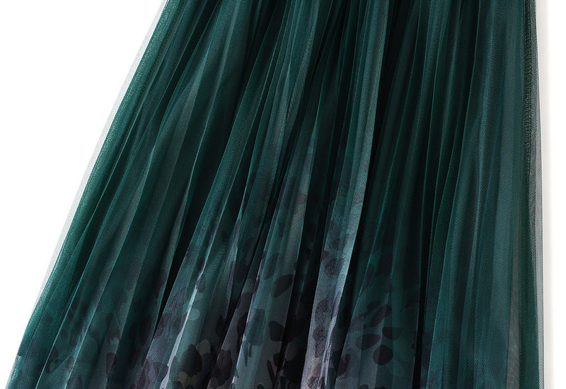 Gradient Printed Double Layer Tulle Skirt in Green