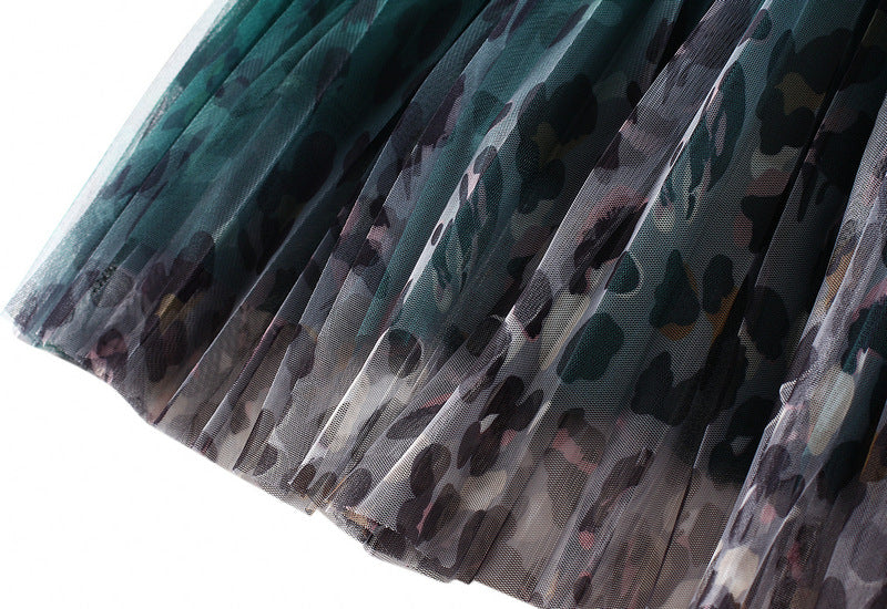 Gradient Printed Double Layer Tulle Skirt in Green