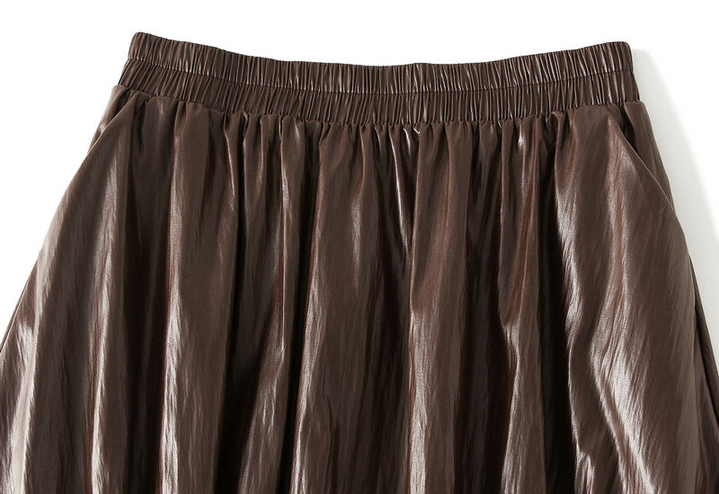 Japanese Bubble Hem PU Leather Skirt with Pocket in Coffee