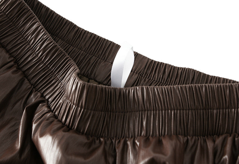 Japanese Bubble Hem PU Leather Skirt with Pocket in Coffee