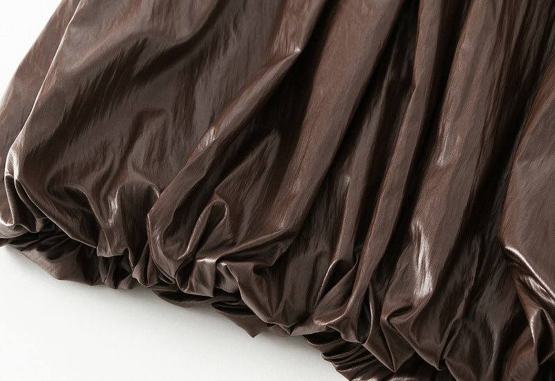 Japanese Bubble Hem PU Leather Skirt with Pocket in Coffee