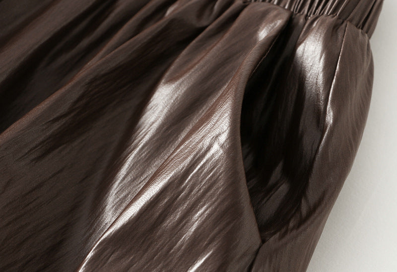 Japanese Bubble Hem PU Leather Skirt with Pocket in Coffee