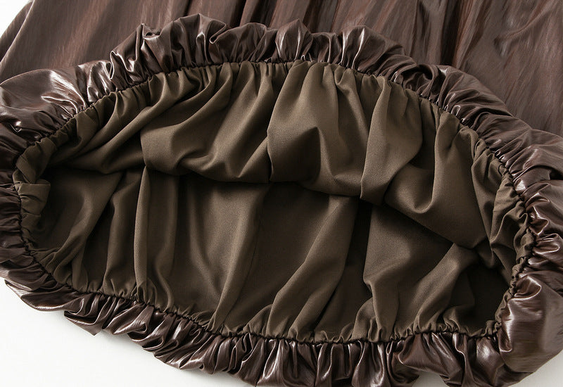 Japanese Bubble Hem PU Leather Skirt with Pocket in Coffee