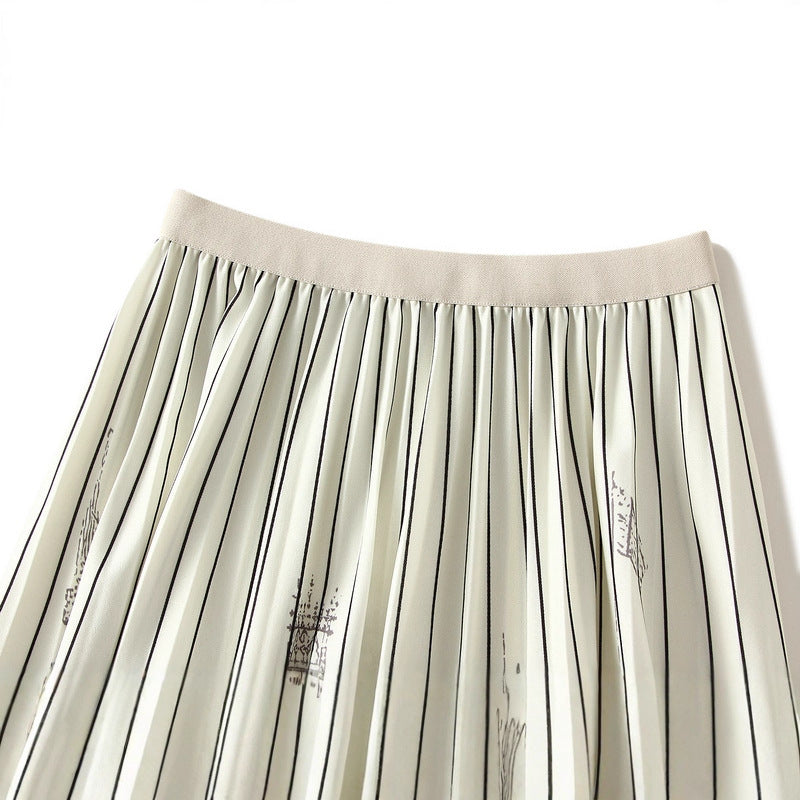 Architecture Print Pleated Satin Chiffon Skirt
