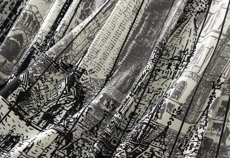 Architecture Print Pleated Satin Chiffon Skirt