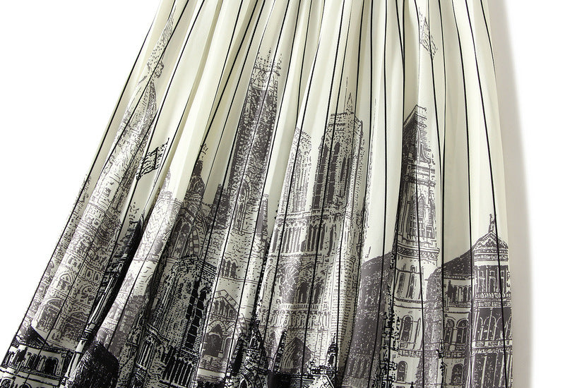 Architecture Print Pleated Satin Chiffon Skirt