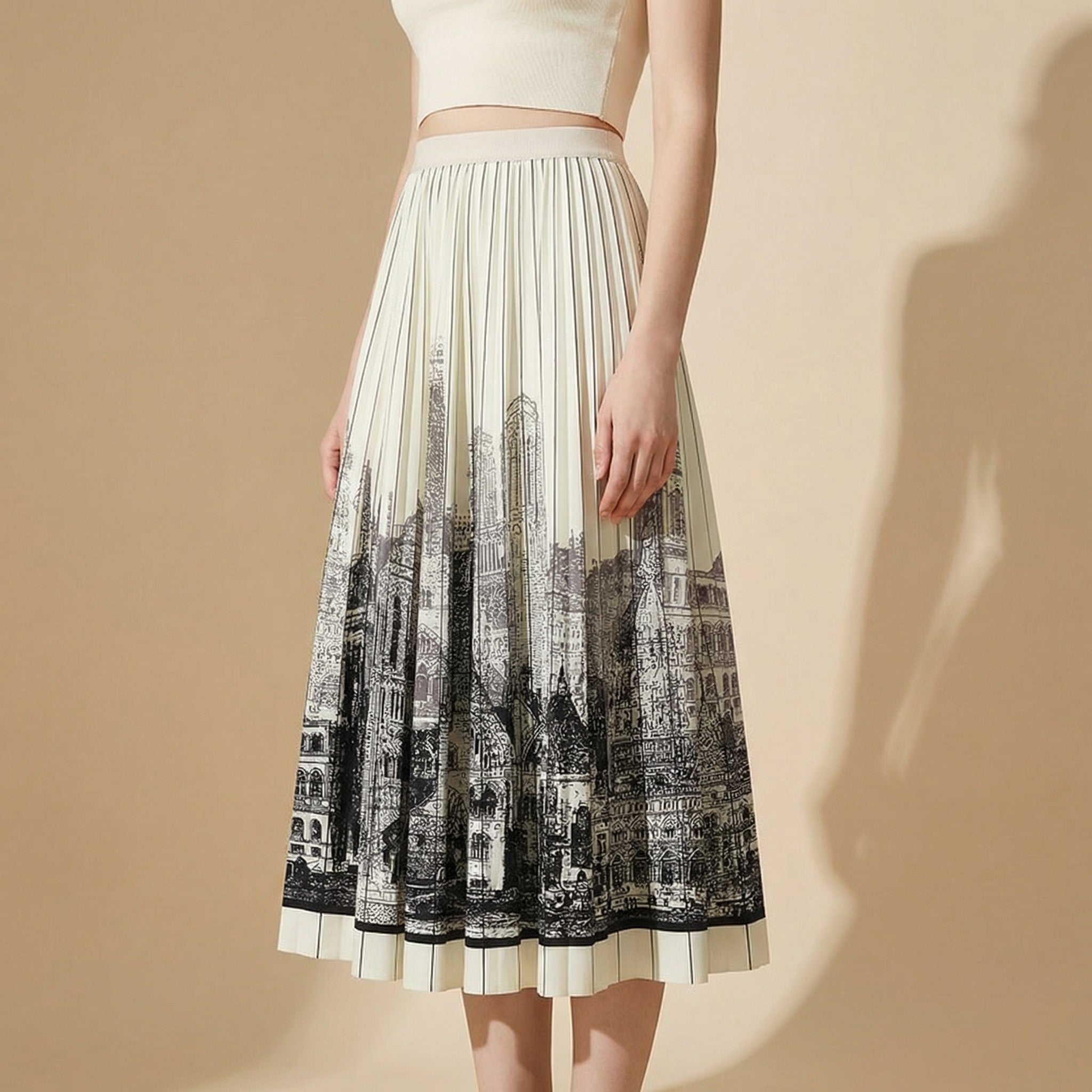 Architecture Print Pleated Satin Chiffon Skirt