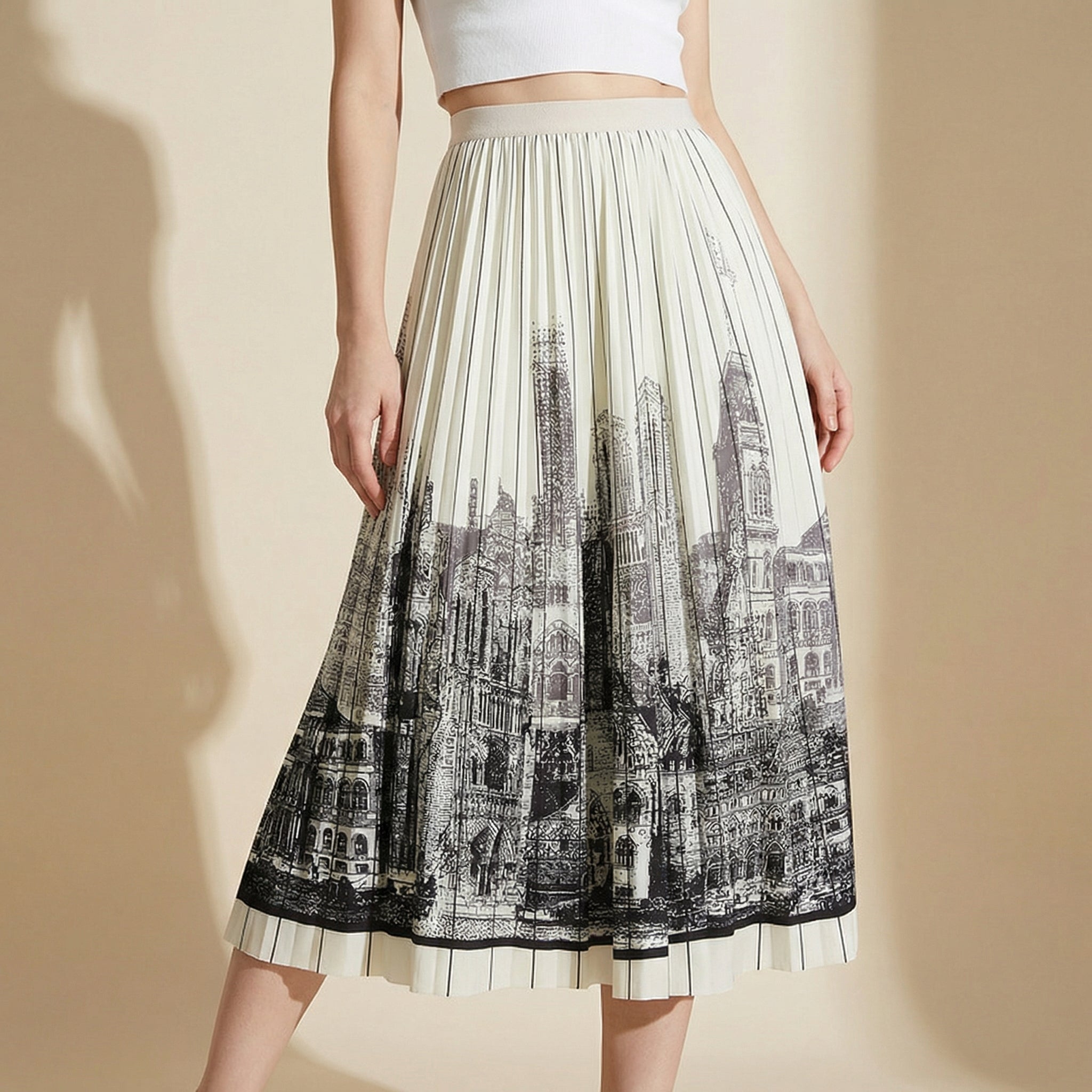 Architecture Print Pleated Satin Chiffon Skirt
